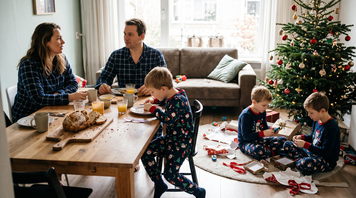 Gezin aan het kerstontbijt: ouders in blauw geruite flanellen pyjama's en drie kinderen in donkerblauwe kerstpyjama's bij de kerstboom