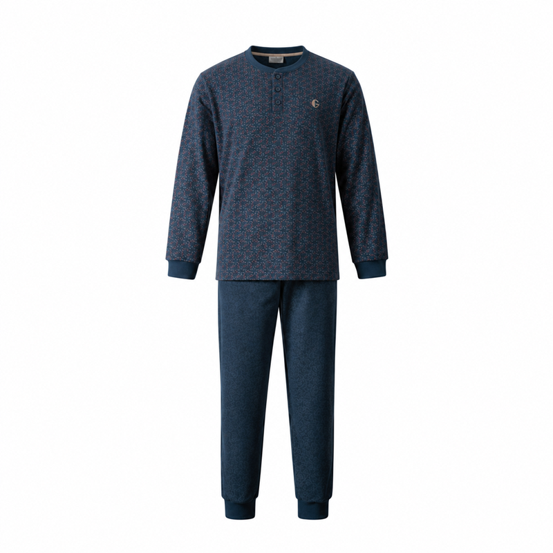 Donkerblauw | packshot | Packshot shirt met knoopjes bij de hals en broek, donkerblauw – Gentlemen badstof heren pyjama met knoopsluiting - Donkerblauw