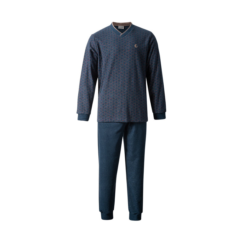 Donkerblauw | packshot | Packshot shirt met V-hals en broek, donkerblauw – Gentlemen badstof heren pyjama met V-hals - Donkerblauw