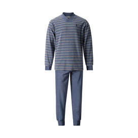 Lichtblauw | packshot | Packshot gestreept shirt en effen broek, lichtblauw – Gentlemen badstof heren pyjama lange mouwen - Streep