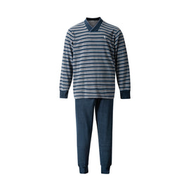 Donkerblauw | packshot | Packshot gestreept shirt en effen broek, donkerblauw – Gentlemen badstof heren pyjama lange mouwen - Streep