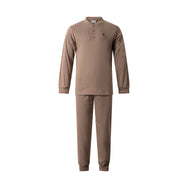 Bruin | packshot | Packshot shirt met ruitje en broek, bruin – Gentlemen double jersey heren pyjama lange mouwen - Ruit