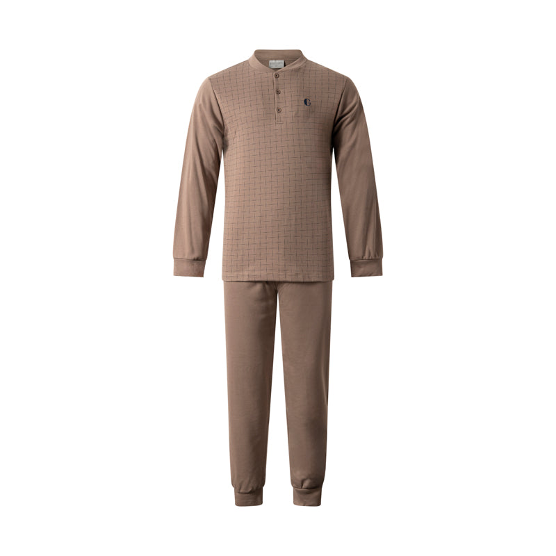 Bruin | packshot | Packshot shirt met ruitje en broek, bruin – Gentlemen double jersey heren pyjama lange mouwen - Ruit