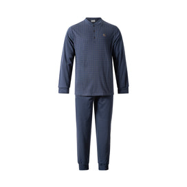 Donkerblauw | packshot | Packshot shirt met ruitje en broek, donkerblauw – Gentlemen double jersey heren pyjama lange mouwen - Ruit