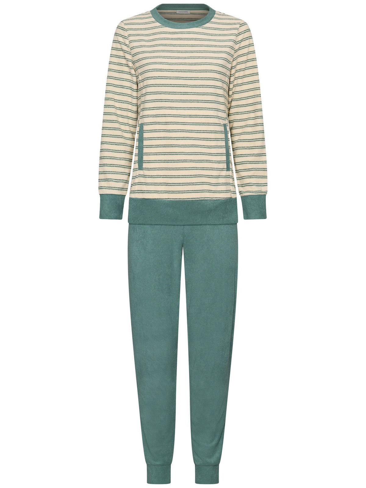 Groen | packshot | Packshot, crème en groen – Pastunette badstof dames pyjama met boordjes - Streep - Nordic Leaf