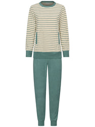 Groen | packshot | Packshot, crème en groen – Pastunette badstof dames pyjama met boordjes - Streep - Nordic Leaf