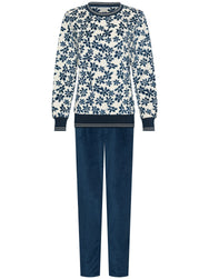 Donkerblauw | packshot | Packshot, bloemenprint en donkerblauw – Pastunette fleece dames pyjama lange mouw - Bloemenprint - Nordic Bloom