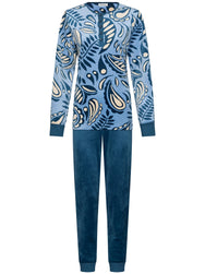 Donkerblauw | packshot | Packshot, paisleyprint en donkerblauw – Pastunette velours dames pyjama met knoopjes - Paisley - Soft Paisley
