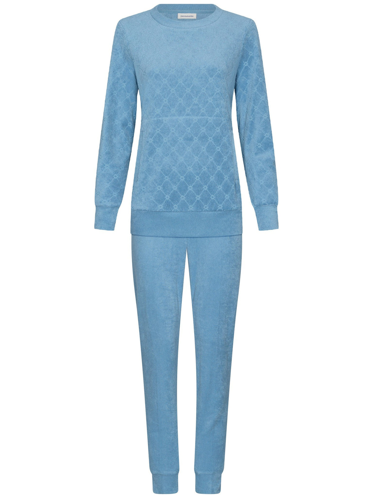 Blauw | packshot | Packshot, lichtblauw – Pastunette badstof dames pyjama met boordjes - Lichtblauw - Blue Cottage