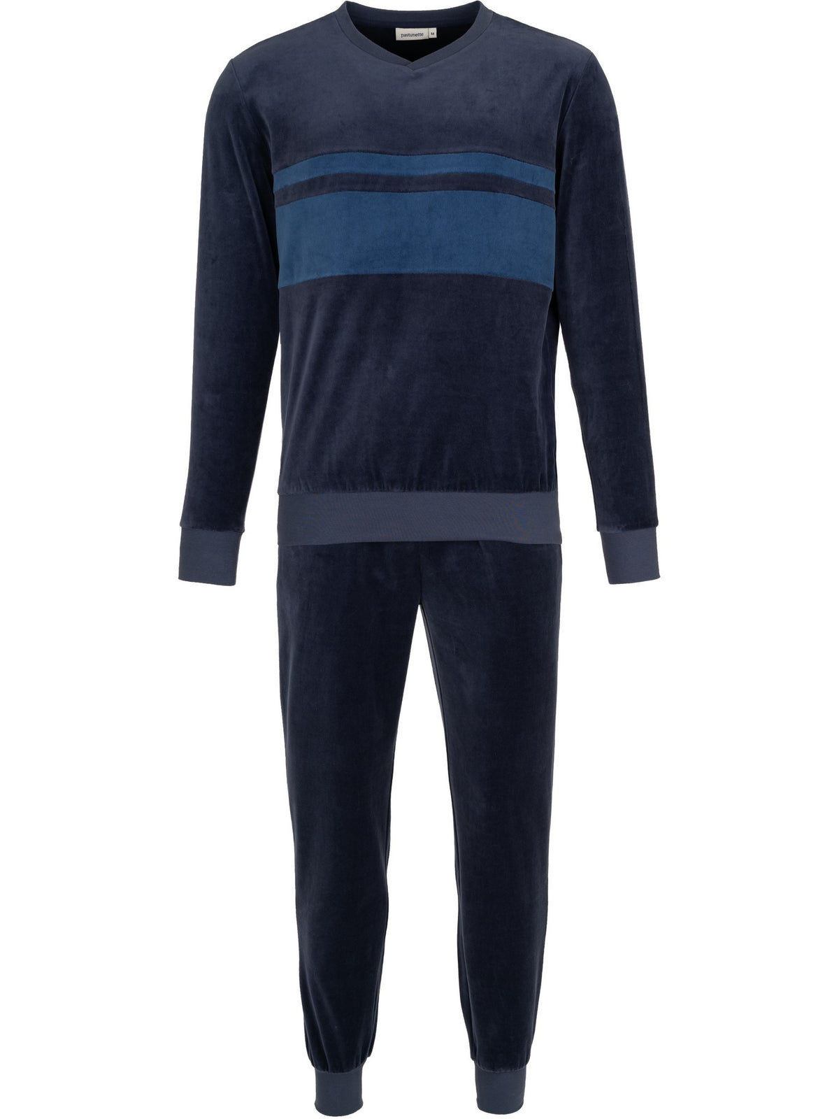 Donkerblauw | packshot | Packshot, donkerblauw – Pastunette velours heren pyjama met V-hals - Donkerblauw - Northern Nights
