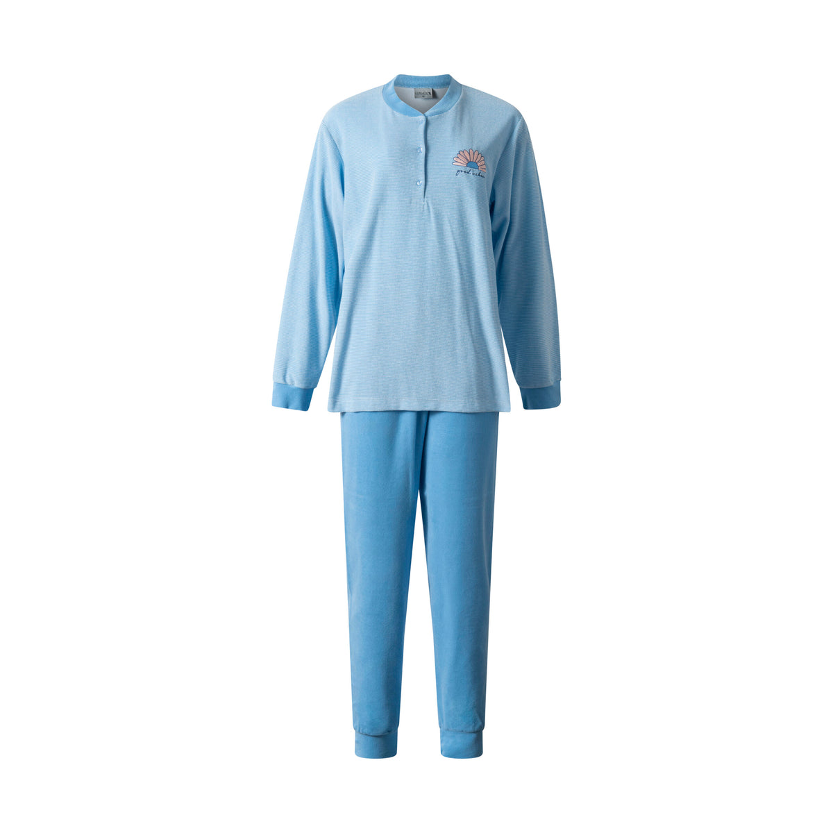 Blauw | packshot | Packshot met borduursel op de borst, blauw – Lunatex badstof dames pyjama lange mouwen - Effen