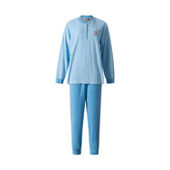 Blauw | packshot | Packshot met borduursel op de borst, blauw – Lunatex badstof dames pyjama lange mouwen - Effen