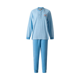 Blauw | packshot | Packshot met borduursel op de borst, blauw – Lunatex badstof dames pyjama lange mouwen - Effen