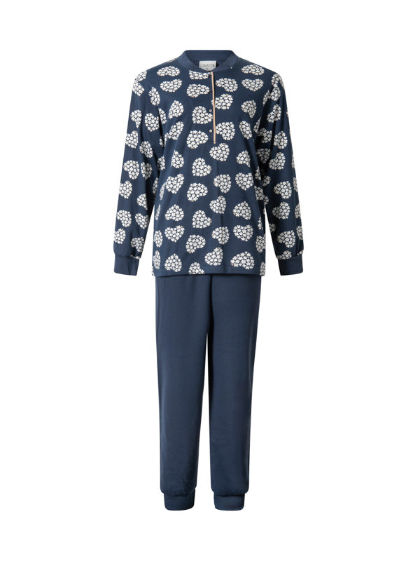 Donkerblauw | packshot | Packshot met hartjesprint, donkerblauw – Lunatex interlock dames pyjama lange mouwen - Hartjes