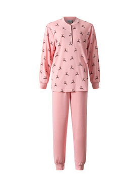 Roze | packshot | Packshot met rendierenprint, roze – Lunatex interlock dames pyjama lange mouwen - Rendieren