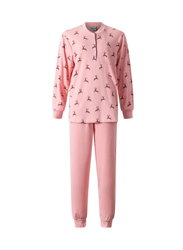 Roze | packshot | Packshot met rendierenprint, roze – Lunatex interlock dames pyjama lange mouwen - Rendieren