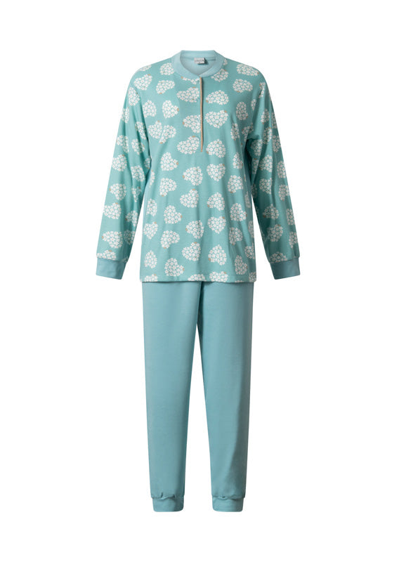 Turquoise | packshot | Packshot met hartjesprint, turquoise – Lunatex interlock dames pyjama lange mouwen - Hartjes