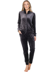 Donkergrijs | voor | Vooraanzicht op model, donkergrijs – Pastunette Premium velours dames huispak met rits - Rib - Midnight Haze