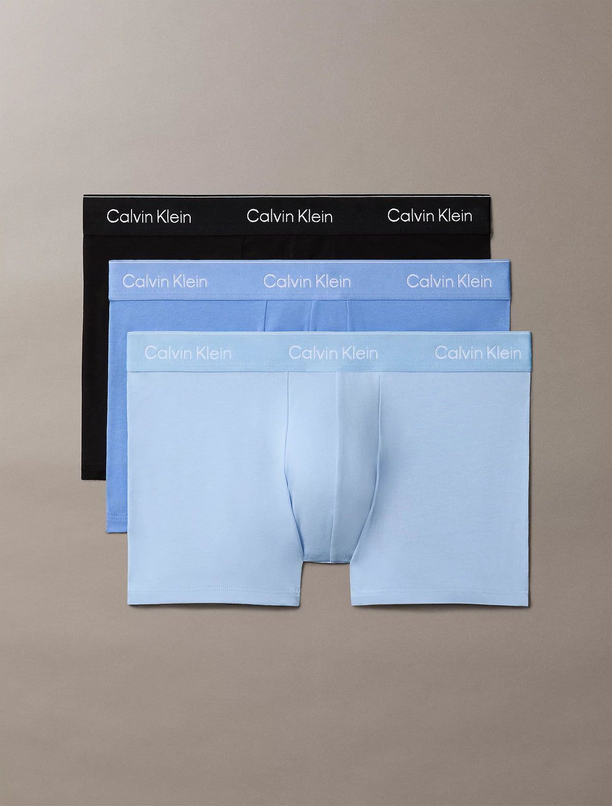 Zwart/lichtblauw/blauw | pack | Overzicht 3-pack, zwart, lichtblauw en blauw – Calvin Klein 3-Pack Trunks heren - Icon Cotton Stretch