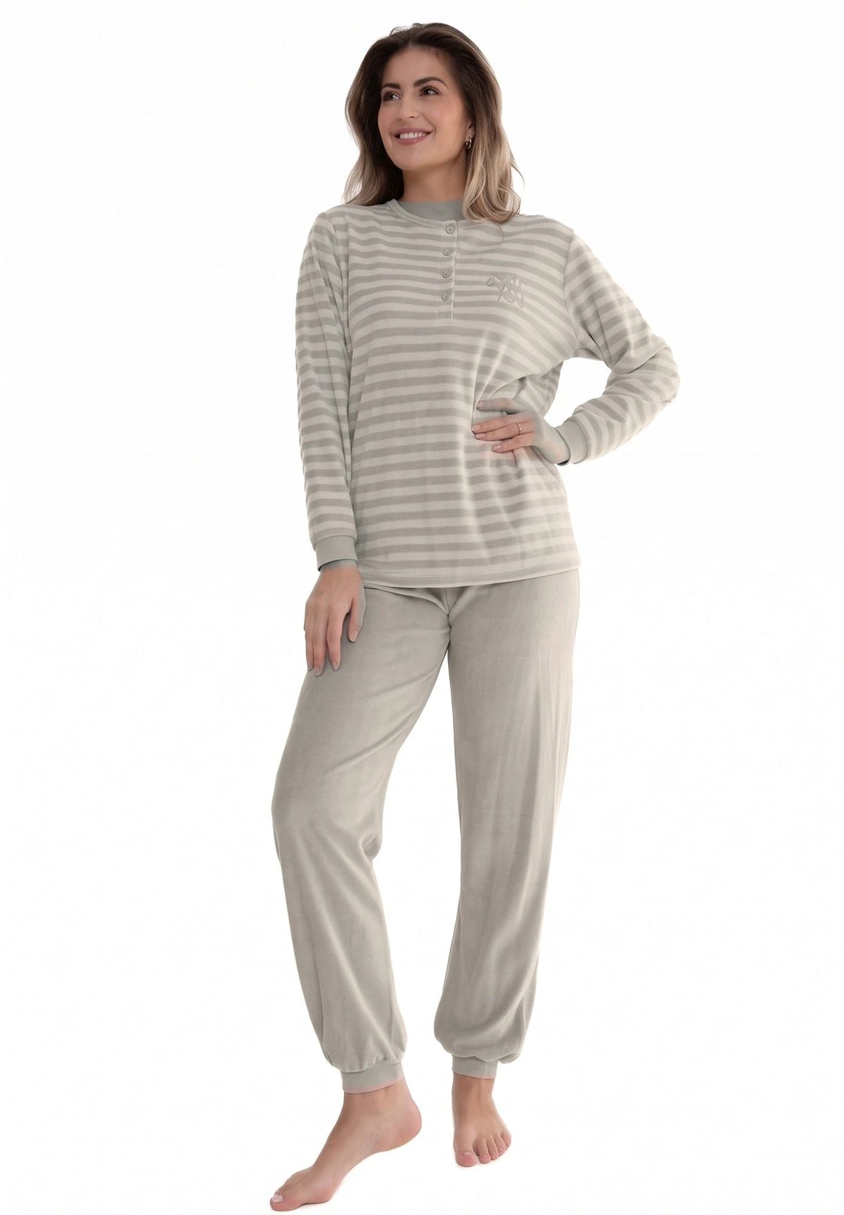 Beige | voor | Vooraanzicht, beige – Cocodream dames pyjama velours - "Just be You"