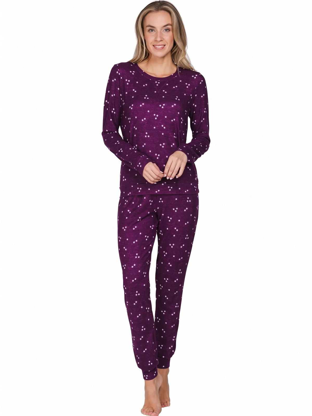 Paars | voor | Vooraanzicht, paars – Rebelle dames pyjama lange mouwen - Fleece - Stars