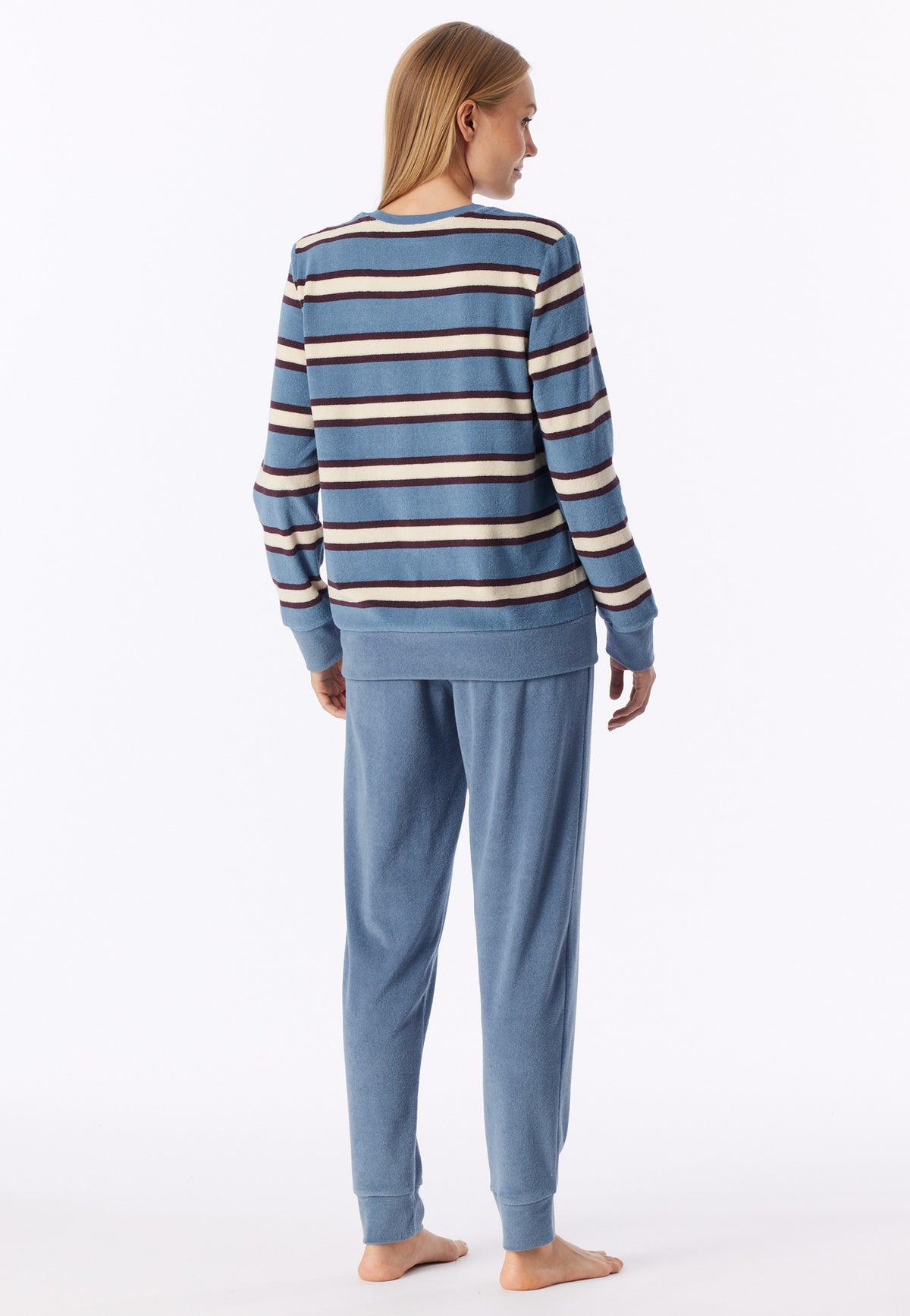 Grijsblauw | achter | Achteraanzicht op model, grijsblauw – Schiesser badstof dames pyjama met boordjes - Streep - Casual Essentials
