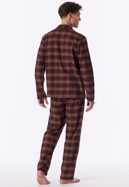 Praline | achter | Achteraanzicht op model, bruine ruit – Schiesser flanellen heren pyjama met knoopsluiting - Ruit - Selected! Premium