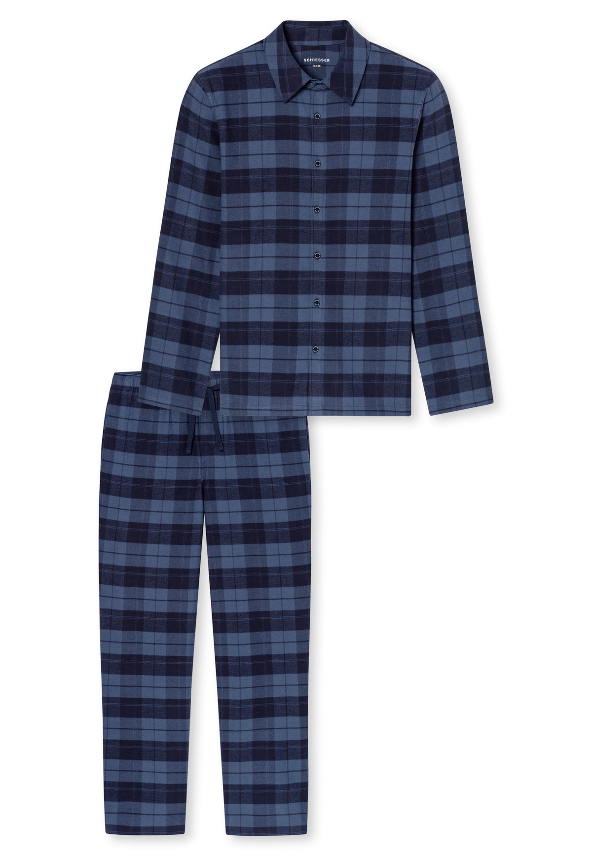 Faded Denim | packshot | Packshot, faded denim – Schiesser flanellen heren pyjama met knoopsluiting - Ruit - Selected! Premium