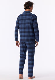 Faded Denim | achter | Achteraanzicht op model, blauwe ruit – Schiesser flanellen heren pyjama met knoopsluiting - Ruit - Selected! Premium