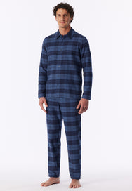 Faded Denim | voor | Vooraanzicht op model, blauwe ruit – Schiesser flanellen heren pyjama met knoopsluiting - Ruit - Selected! Premium