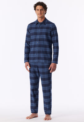 Faded Denim | voor | Vooraanzicht op model, blauwe ruit – Schiesser flanellen heren pyjama met knoopsluiting - Ruit - Selected! Premium