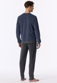 Faded Denim | achter | Achteraanzicht op model, faded denim – Schiesser badstof heren pyjama met boordjes - Faded Denim - Casual Nightwear