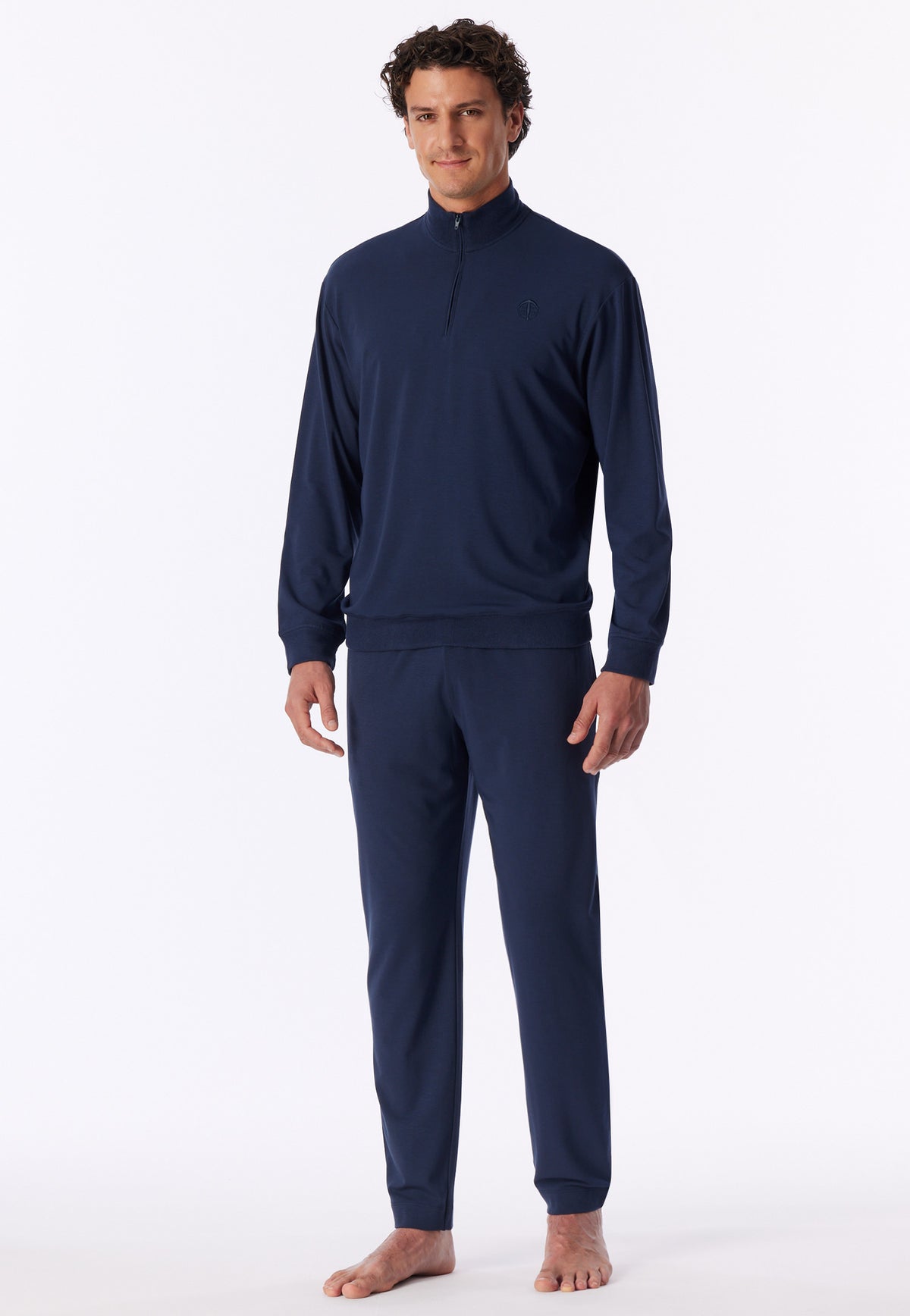Deep Sea Blue | voor | Vooraanzicht op model, deep sea blue – Schiesser heren huispak met rits - Fijnrib - Deep Sea Blue - Selected! Premium