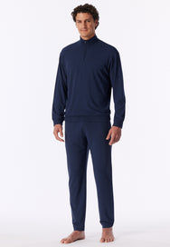 Deep Sea Blue | voor | Vooraanzicht op model, deep sea blue – Schiesser heren huispak met rits - Fijnrib - Deep Sea Blue - Selected! Premium