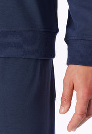 Deep Sea Blue | detail | Detail ribboordje aan mouw en zoom, deep sea blue – Schiesser heren huispak met rits - Fijnrib - Deep Sea Blue - Selected! Premium