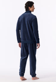 Deep Sea Blue | achter | Achteraanzicht op model, deep sea blue – Schiesser velours heren huispak met rits - Oversized - Casual Nightwear