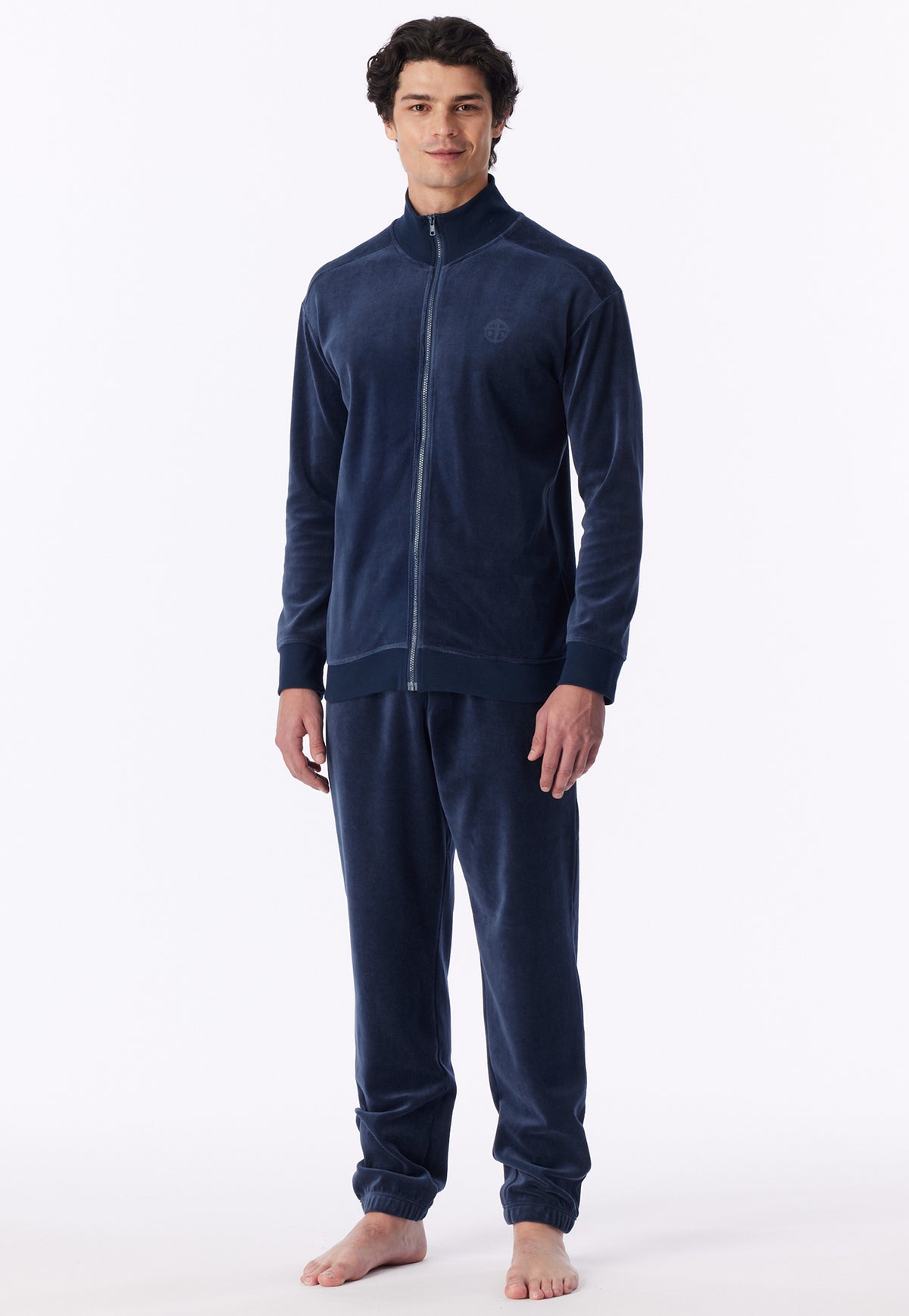 Deep Sea Blue | voor | Vooraanzicht op model, deep sea blue – Schiesser velours heren huispak met rits - Oversized - Casual Nightwear