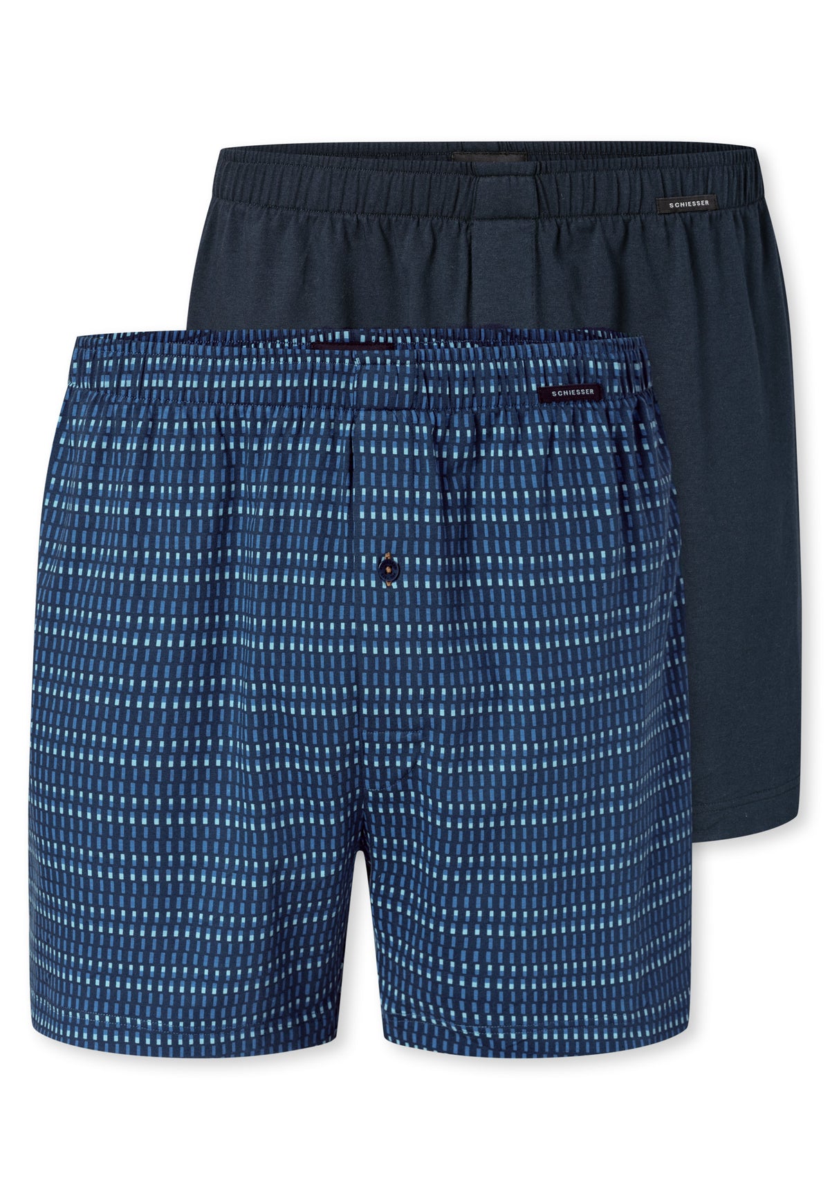 Blauw combi | pack | Overzicht 2-pack, donkerblauw en blauw met dessin – Schiesser 2-pack wijde heren boxershorts met gulp - Blauw - Jersey