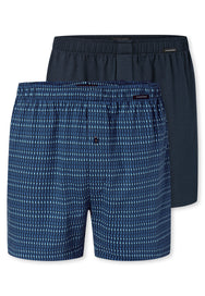 Blauw combi | pack | Overzicht 2-pack, donkerblauw en blauw met dessin – Schiesser 2-pack wijde heren boxershorts met gulp - Blauw - Jersey