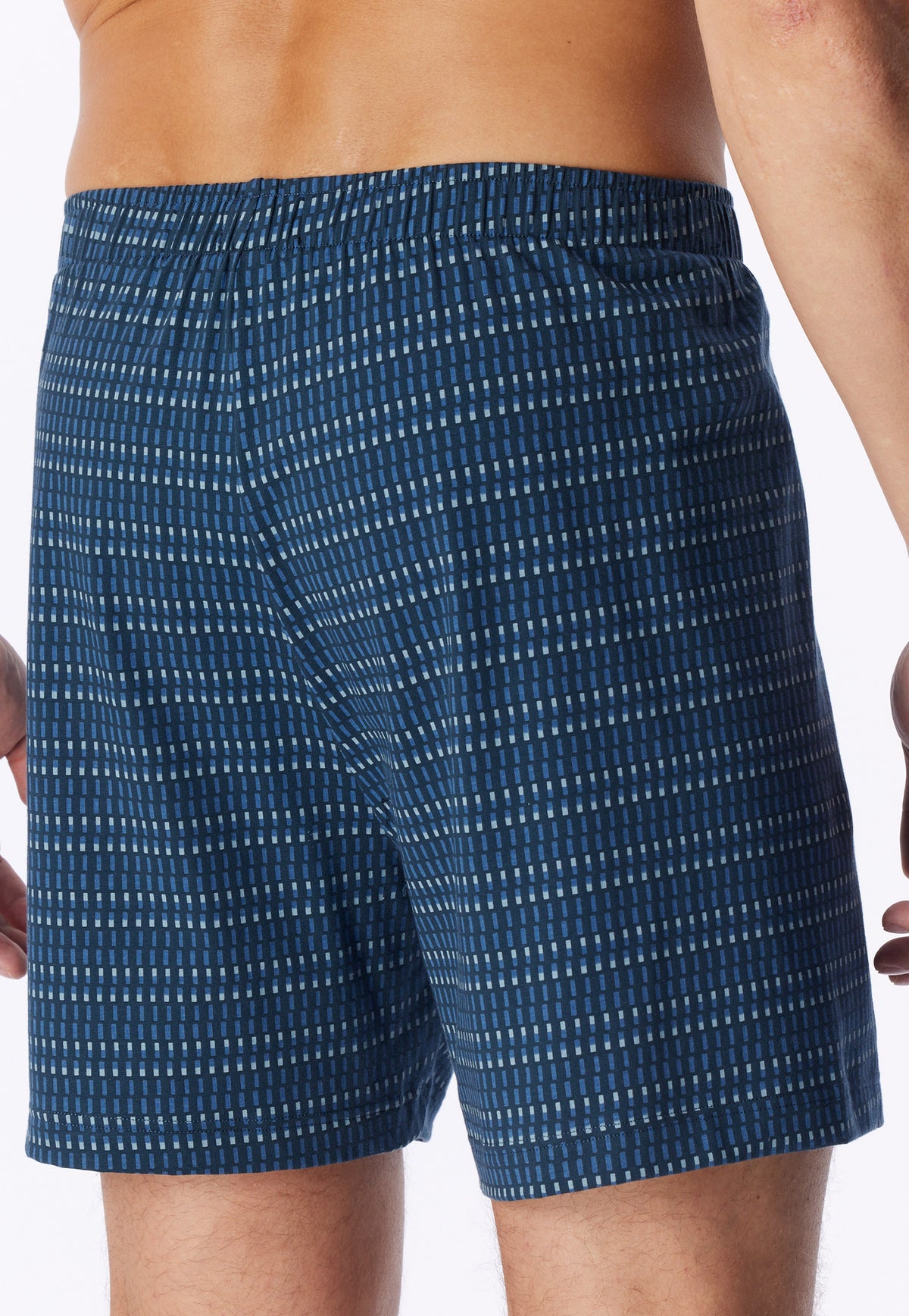 Blauw combi | achter | Achteraanzicht op model, blauw met dessin – Schiesser 2-pack wijde heren boxershorts met gulp - Blauw - Jersey