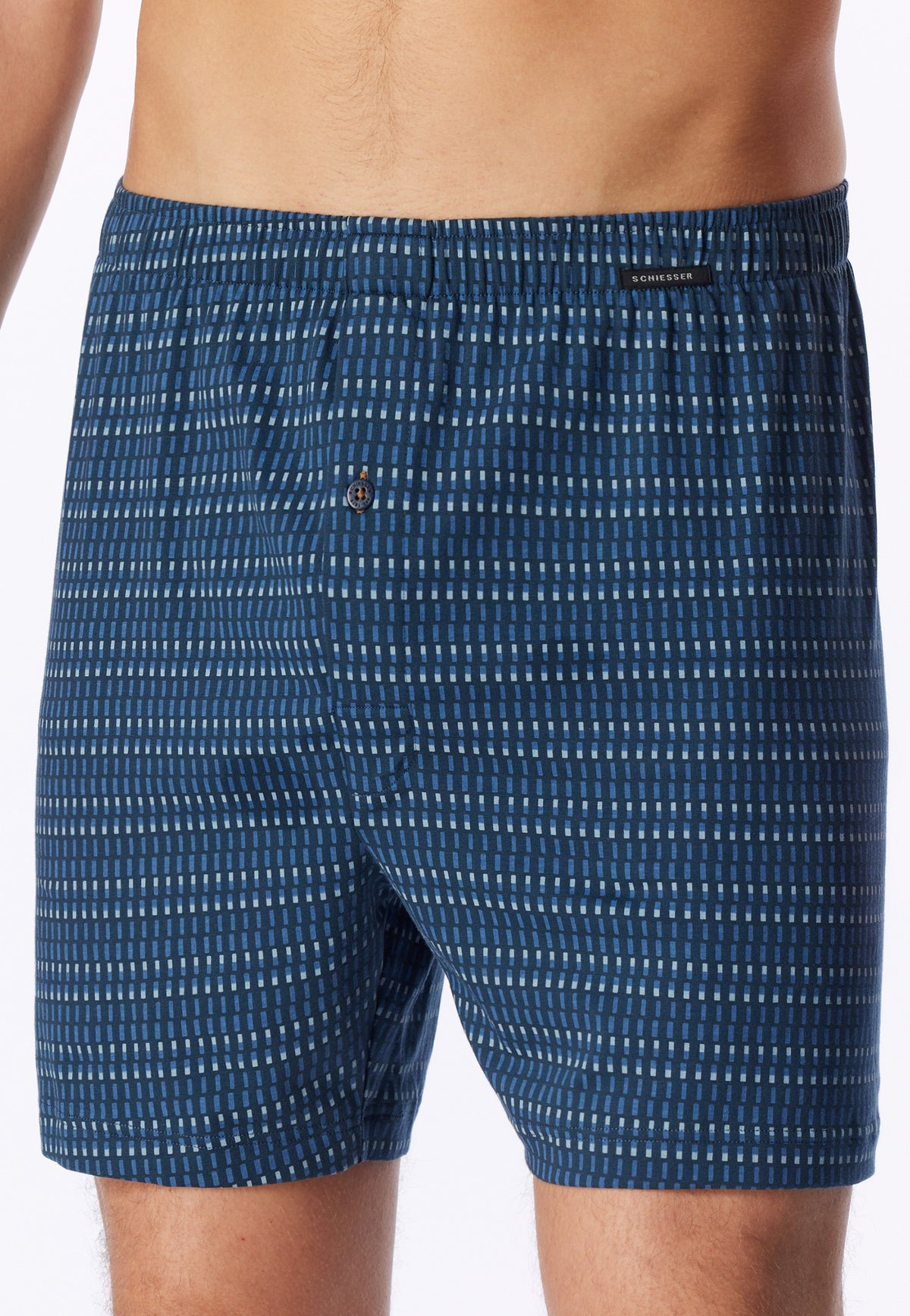 Blauw combi | detail | Vooraanzicht dichtbij met gulp en knoopje, blauw met dessin – Schiesser 2-pack wijde heren boxershorts met gulp - Blauw - Jersey
