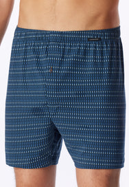 Blauw combi | detail | Vooraanzicht dichtbij met gulp en knoopje, blauw met dessin – Schiesser 2-pack wijde heren boxershorts met gulp - Blauw - Jersey