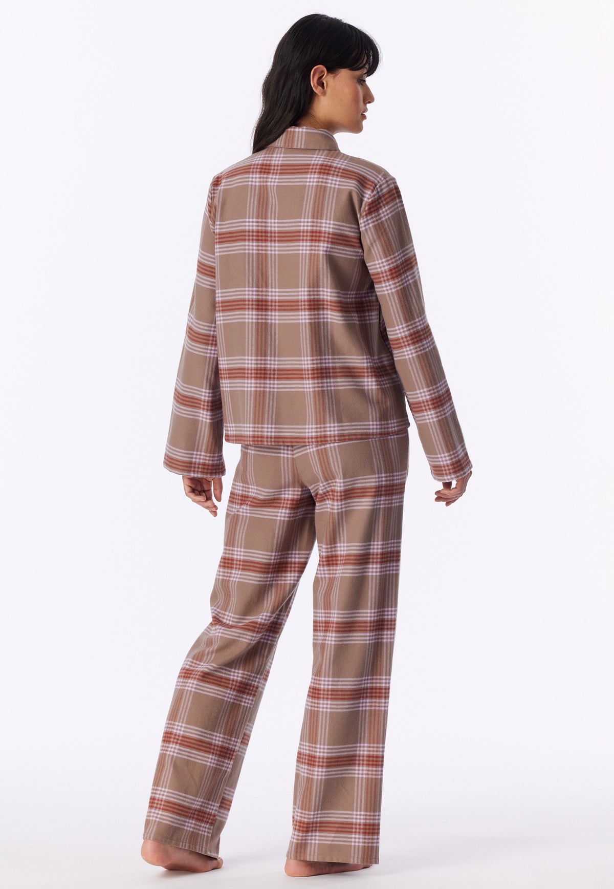 Multicolor | achter | Achteraanzicht op model, ruit in beige, roze en bruin – Schiesser flanellen dames pyjama met knoopsluiting - Ruit - Selected! Premium