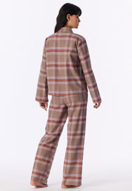 Multicolor | achter | Achteraanzicht op model, ruit in beige, roze en bruin – Schiesser flanellen dames pyjama met knoopsluiting - Ruit - Selected! Premium
