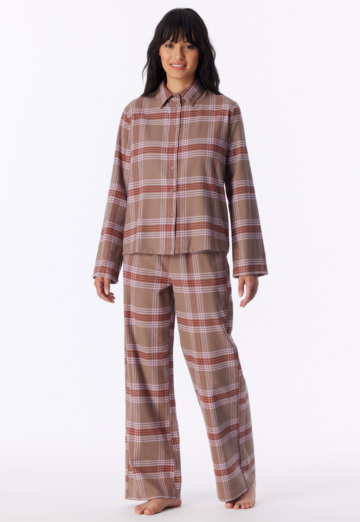 Multicolor | voor | Vooraanzicht op model, ruit in beige, roze en bruin – Schiesser flanellen dames pyjama met knoopsluiting - Ruit - Selected! Premium
