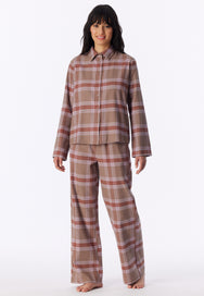 Multicolor | voor | Vooraanzicht op model, ruit in beige, roze en bruin – Schiesser flanellen dames pyjama met knoopsluiting - Ruit - Selected! Premium