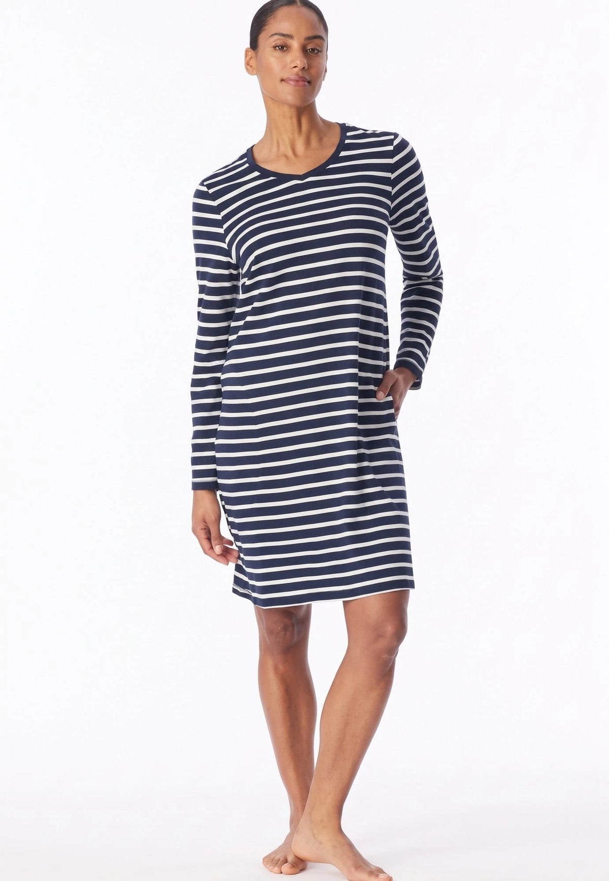 Blauw | voor | Vooraanzicht, blauw – Schiesser Dames Nachthemd lange mouw - Blue