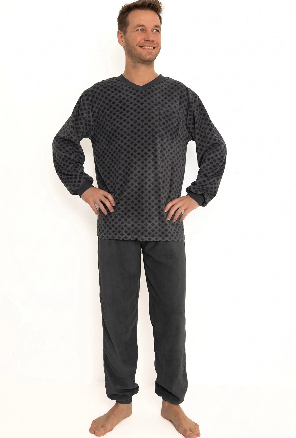 Antracite | voor | Vooraanzicht, antracite – Outfitter Fleece heren pyjama - Squares