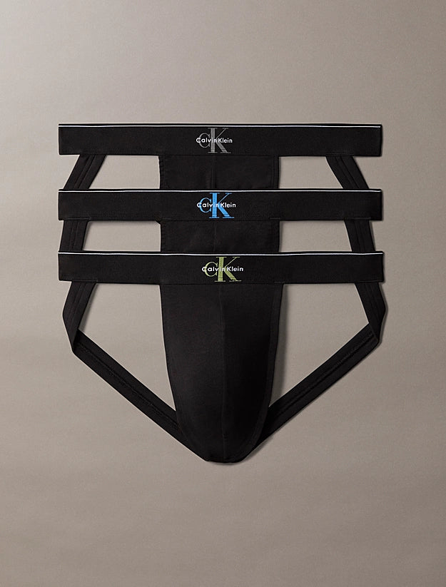 Zwart met gekleurd logo | pack | Overzicht 3-pack, zwart met grijs, blauw en groen logo – Calvin Klein 3-Pack Jockstraps heren - Katoen - Zwart met logo
