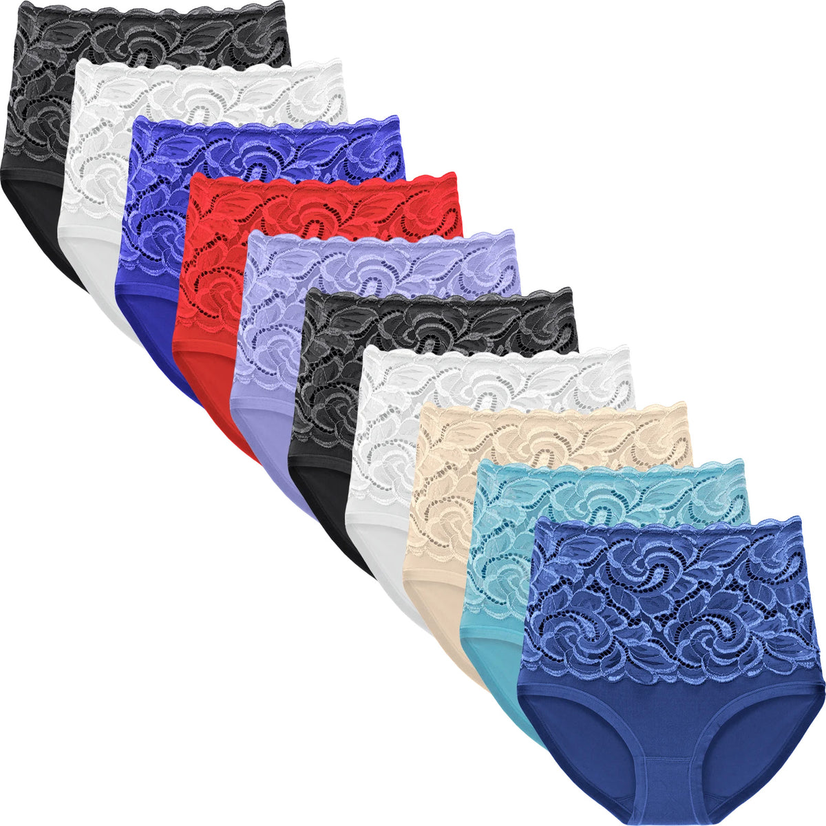 Combi | pack | Overzicht 10-pak in verschillende kleuren, combi – Fine Woman 10-pak dames hoge taille slips met kant - Katoen